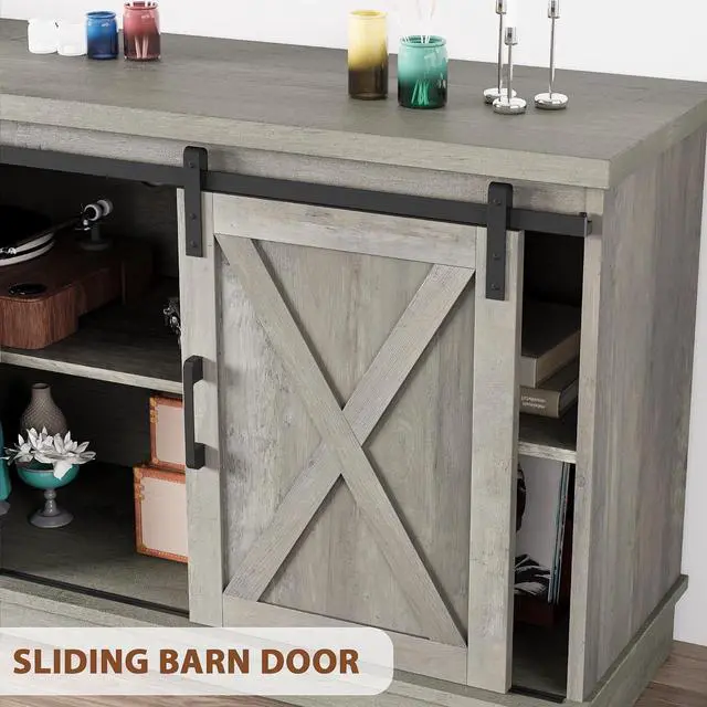 Alt view image 5 of 7 - IDEALHOUSE Grey Farmhouse Cabinet, 65 Inch TV Stand with Storage, Barn Doors and Shelves, Modern TV Console Table Furniture for Living Bedroom
