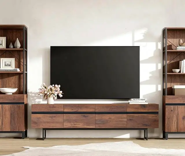 Main image of WAMPAT Modern TV Stand for up to 75 inch TV, Wood Entertainment Center TV Console Table with Storage Cabinets Media Console for Living Room, Brown