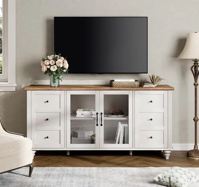Main image of WAMPAT Glass Door TV Stand for 65 Inch TV with Storage Cabinet, Off White