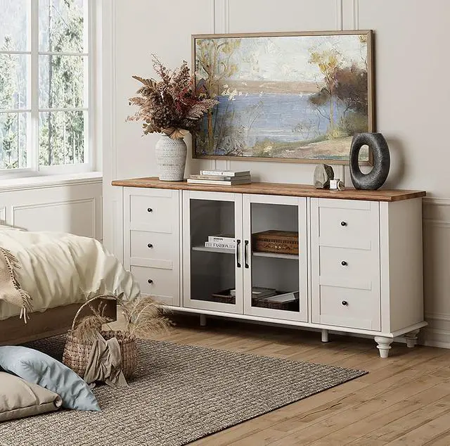 Alt view image 3 of 7 - WAMPAT Glass Door TV Stand for 65 Inch TV with Storage Cabinet, Off White