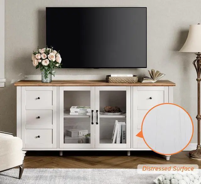 Alt view image 4 of 7 - WAMPAT Glass Door TV Stand for 65 Inch TV with Storage Cabinet, Off White