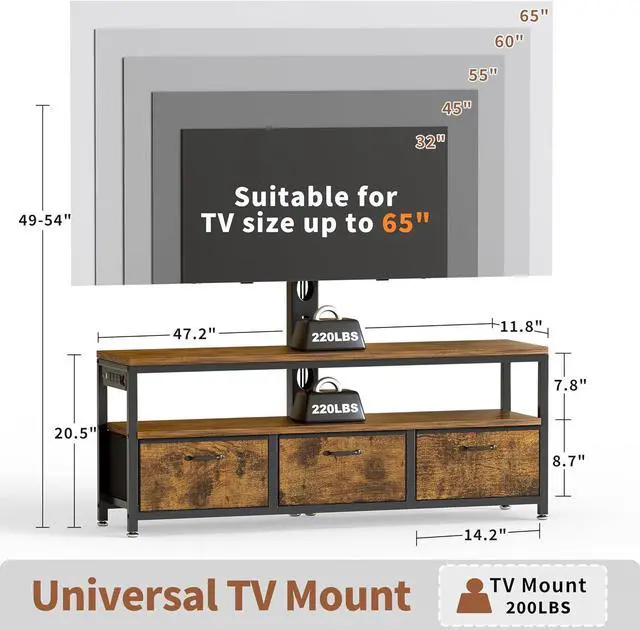 Alt view image 5 of 7 - JUSTOGO TV Stand with Mount, Entertainment Center for 55 60 65 inch, Brown