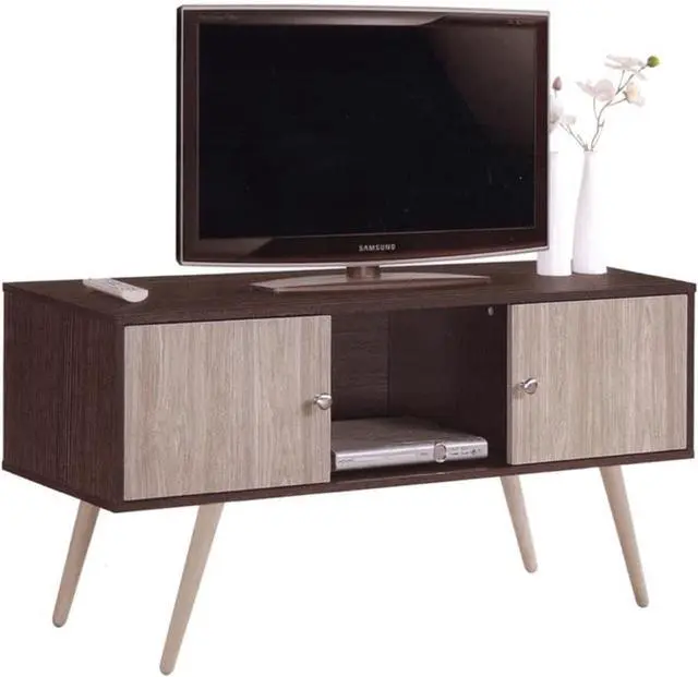Main image of Hodedah Retro Style TV Stand with Two Storage Doors, and Solid Wood Legs, Chocolate