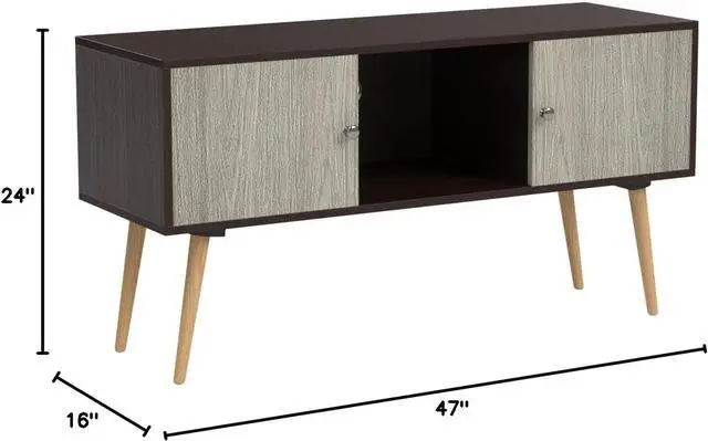 Alt view image 3 of 6 - Hodedah Retro Style TV Stand with Two Storage Doors, and Solid Wood Legs, Chocolate