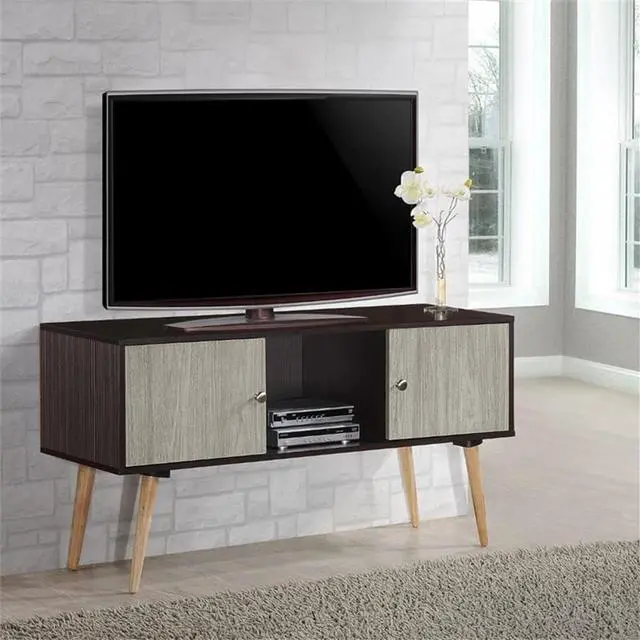 Alt view image 2 of 6 - Hodedah Retro Style TV Stand with Two Storage Doors, and Solid Wood Legs, Chocolate