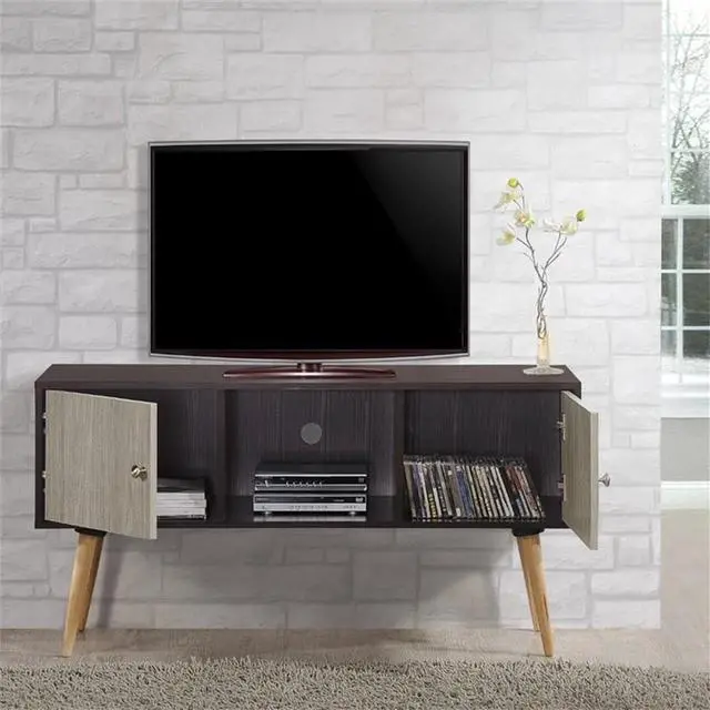 Alt view image 4 of 6 - Hodedah Retro Style TV Stand with Two Storage Doors, and Solid Wood Legs, Chocolate