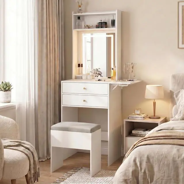 Main image of ARTETHYS Small Vanity Desk with Mirror & Foldable Side Panel, White