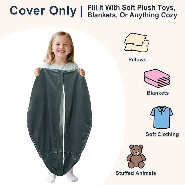 Alt view image 2 of 6 - Lukeight Stuffed Animal Storage Bean Bag Chair Cover for Kids, Velvet Plush Toy Organizer Seat, Cover Only, No Filling Included, Long YKK Zipper, Side Pocket, X-Large 30"D x 18"H