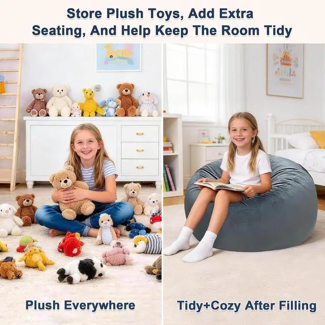 Alt view image 3 of 6 - Lukeight Stuffed Animal Storage Bean Bag Chair Cover for Kids, Velvet Plush Toy Organizer Seat, Cover Only, No Filling Included, Long YKK Zipper, Side Pocket, X-Large 30"D x 18"H