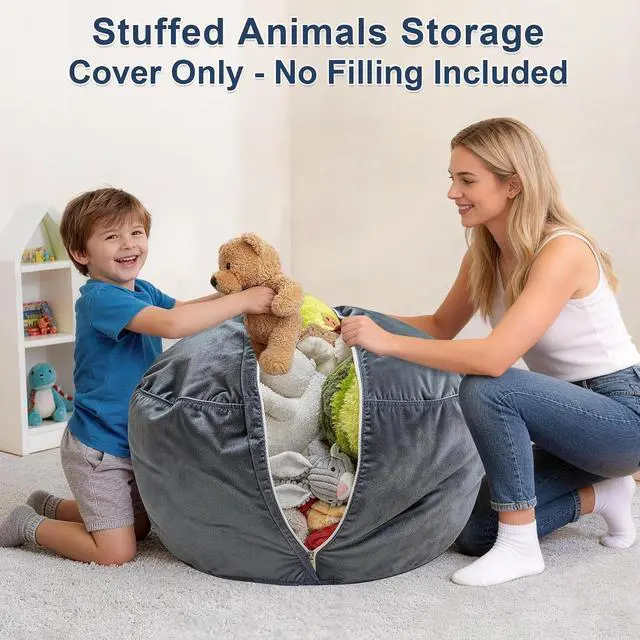 Alt view image 4 of 6 - Lukeight Stuffed Animal Storage Bean Bag Chair Cover for Kids, Velvet Plush Toy Organizer Seat, Cover Only, No Filling Included, Long YKK Zipper, Side Pocket, X-Large 30"D x 18"H