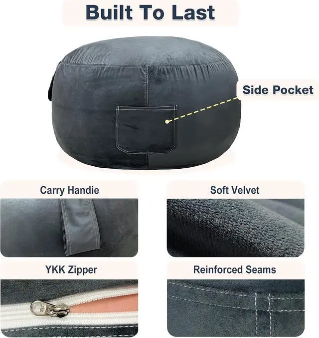 Alt view image 6 of 6 - Lukeight Stuffed Animal Storage Bean Bag Chair Cover for Kids, Velvet Plush Toy Organizer Seat, Cover Only, No Filling Included, Long YKK Zipper, Side Pocket, X-Large 30"D x 18"H