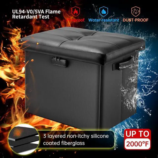 Alt view image 5 of 7 - DocSafe Storage Ottoman with Lock,Fireproof Folding Ottoman Foot Rest Stool Storage Chest with Storage Safe for Important Documents,Waterproof 17 Inches Short Ottoman Foot Stool with Handles,Black