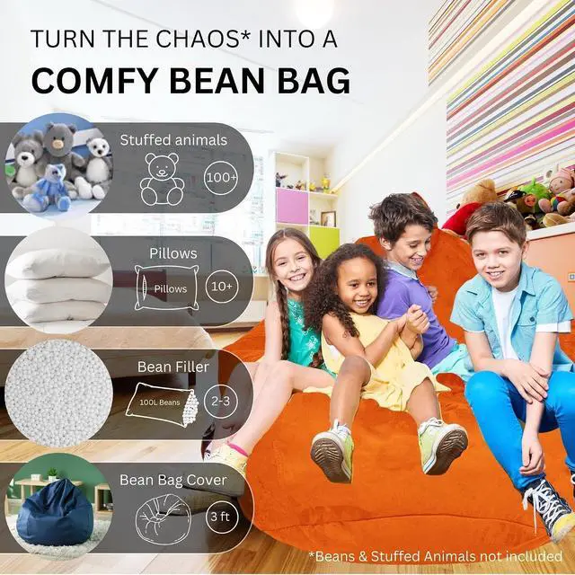 Alt view image 2 of 7 - Bean Bag Stuffed Animal Storage Chair Cover (No Filler) for Kids and Adults. Extra Large Bird's Nest Beanbag Soft Premium (Orange, 3 ft (Cover Only))