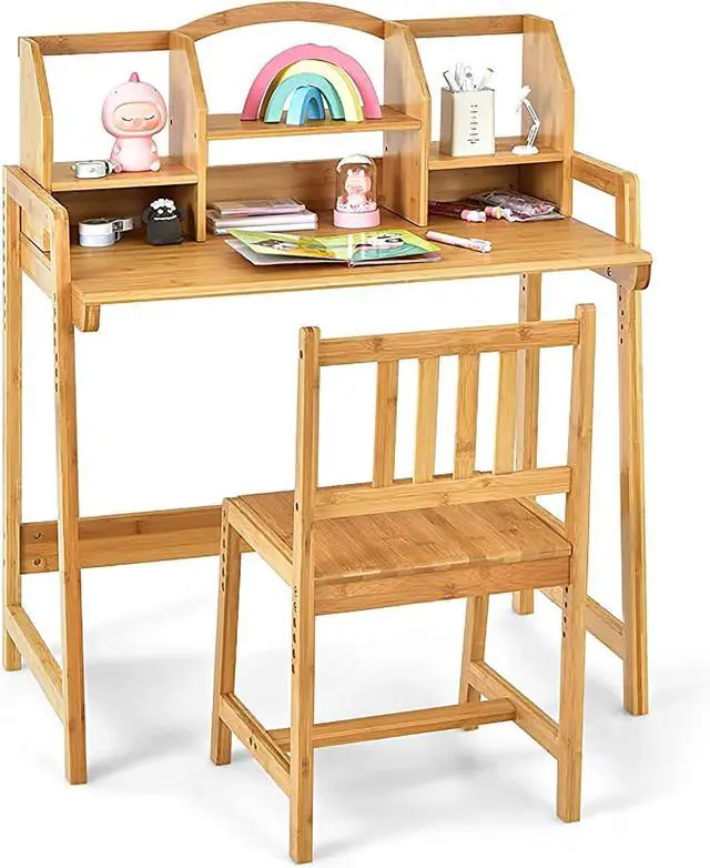 Main image of UNICOO Kids Desk and Chair Set, Height Adjustable Bamboo Study Desk with Storage Hutch and Bookshelf, Wooden Writing Table for Toddlers and Kids, Easy-Clean Surface, Natural (01)
