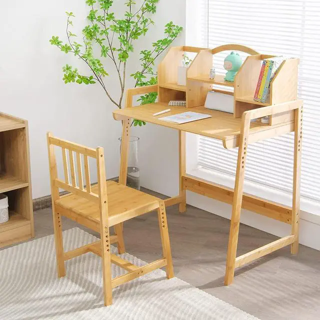 Alt view image 2 of 7 - UNICOO Kids Desk and Chair Set, Height Adjustable Bamboo Study Desk with Storage Hutch and Bookshelf, Wooden Writing Table for Toddlers and Kids, Easy-Clean Surface, Natural (01)
