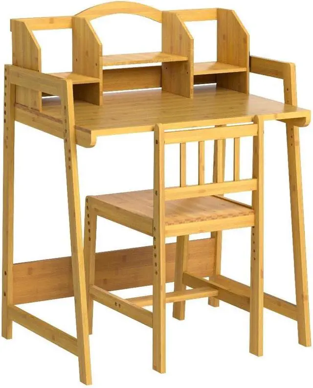 Alt view image 4 of 7 - UNICOO Kids Desk and Chair Set, Height Adjustable Bamboo Study Desk with Storage Hutch and Bookshelf, Wooden Writing Table for Toddlers and Kids, Easy-Clean Surface, Natural (01)