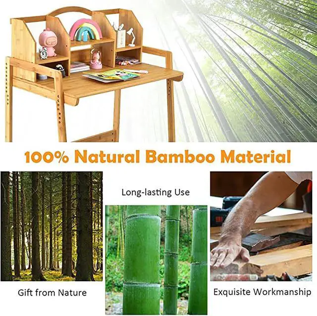 Alt view image 3 of 7 - UNICOO Kids Desk and Chair Set, Height Adjustable Bamboo Study Desk with Storage Hutch and Bookshelf, Wooden Writing Table for Toddlers and Kids, Easy-Clean Surface, Natural (01)