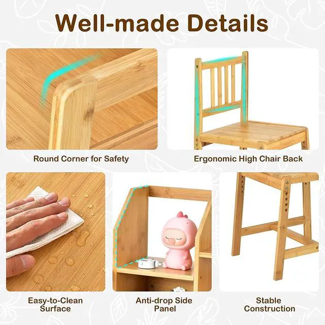Alt view image 5 of 7 - UNICOO Kids Desk and Chair Set, Height Adjustable Bamboo Study Desk with Storage Hutch and Bookshelf, Wooden Writing Table for Toddlers and Kids, Easy-Clean Surface, Natural (01)
