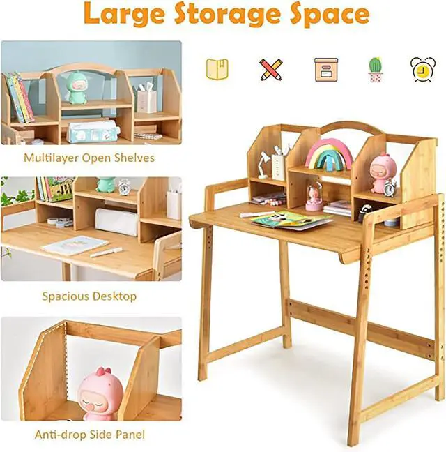 Alt view image 6 of 7 - UNICOO Kids Desk and Chair Set, Height Adjustable Bamboo Study Desk with Storage Hutch and Bookshelf, Wooden Writing Table for Toddlers and Kids, Easy-Clean Surface, Natural (01)