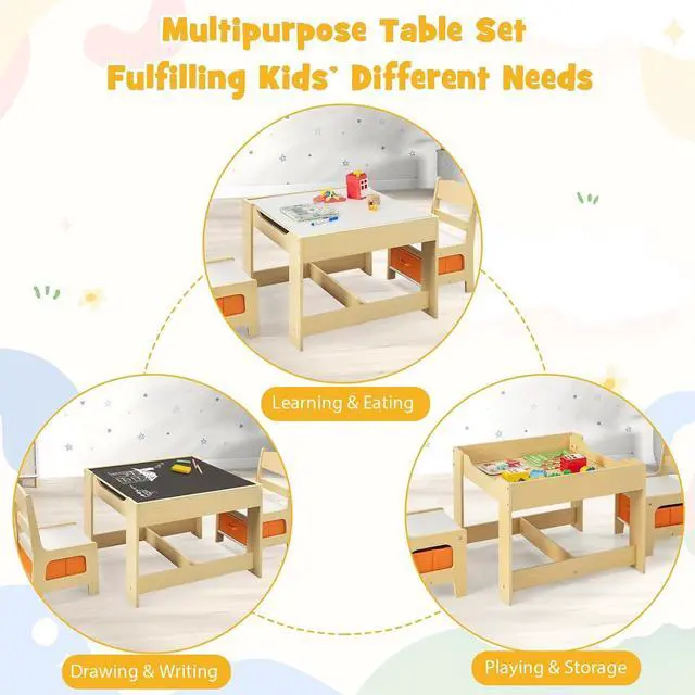Alt view image 2 of 7 - Costzon Kids Table and Chairs, 3 in 1 Art & Craft Toddler Table Set