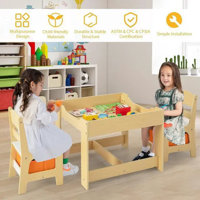 Alt view image 3 of 7 - Costzon Kids Table and Chairs, 3 in 1 Art & Craft Toddler Table Set