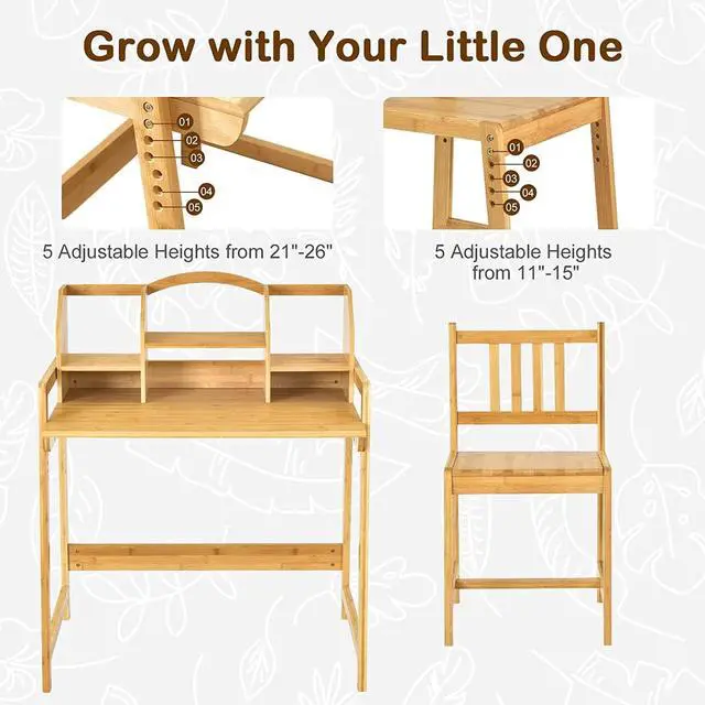 Alt view image 7 of 7 - UNICOO Kids Desk and Chair Set, Height Adjustable Bamboo Study Desk with Storage Hutch and Bookshelf, Wooden Writing Table for Toddlers and Kids, Easy-Clean Surface, Natural (01)