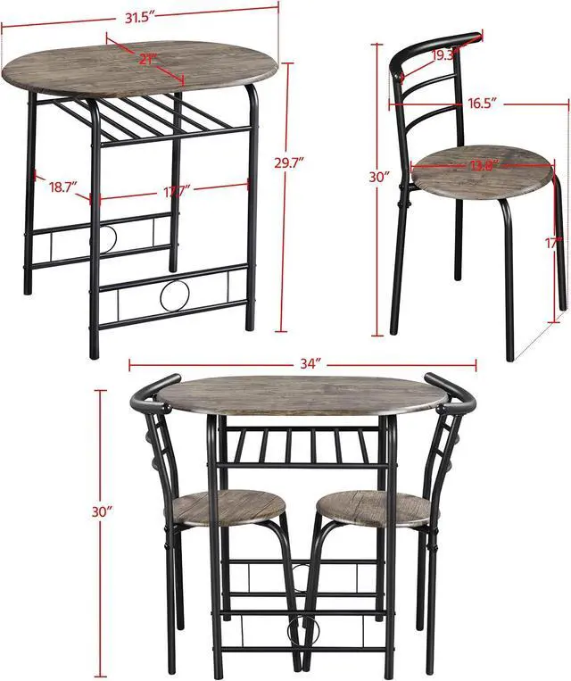 Alt view image 3 of 7 - Topeakmart 3 Piece Round Dining Table Set for 2 w/Shelf Storage Drift Brown