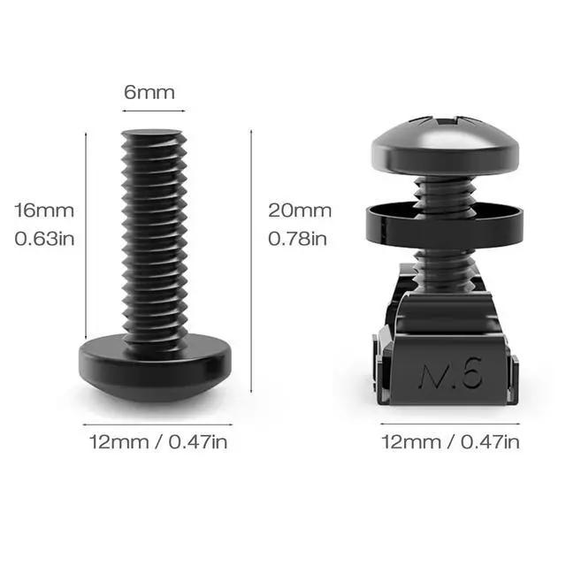 Alt view image 2 of 6 - 60-Pack M6 x 16mm Screws and Cage Nuts for Server Rack Screws for Rack Shelf Cabinets Rack Mount 1U 2U 6U 12U M6 Rack Screw cage nut - Black