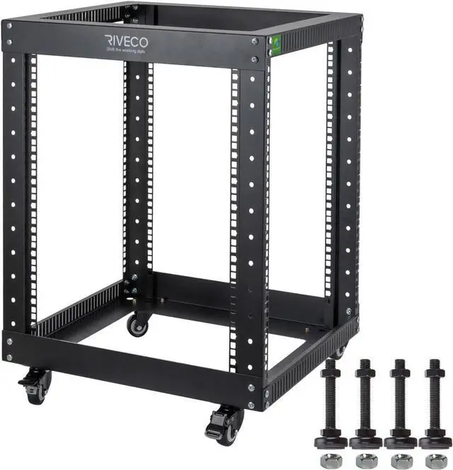 Main image of 12U Server Rack Open Frame with Casters-RIVECO 4 Post Quick Assembly 19-inch, Data Rack Network Shelf Cabinet Heavy Duty Black