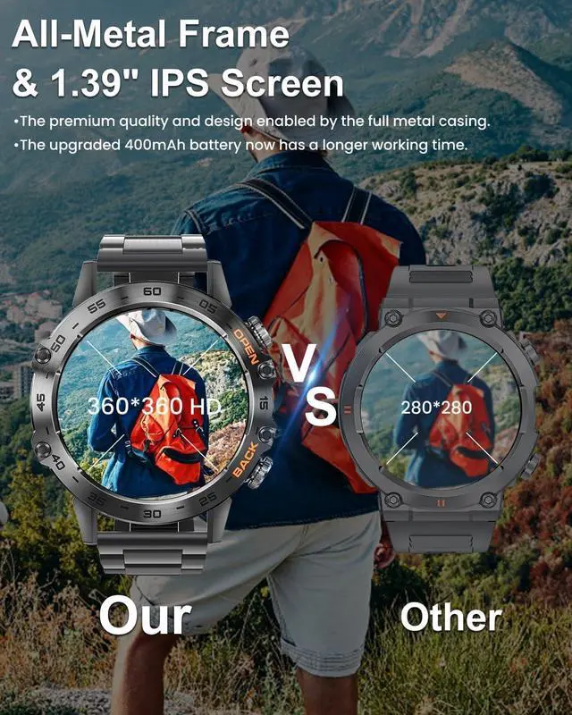 Alt view image 5 of 6 - Military Smart Watches for Men(Answer/Make Call), Tactical Smartwatch for Android iOS, 400mAh Battery/Sports Tracking/Health/Sleep Monitoring