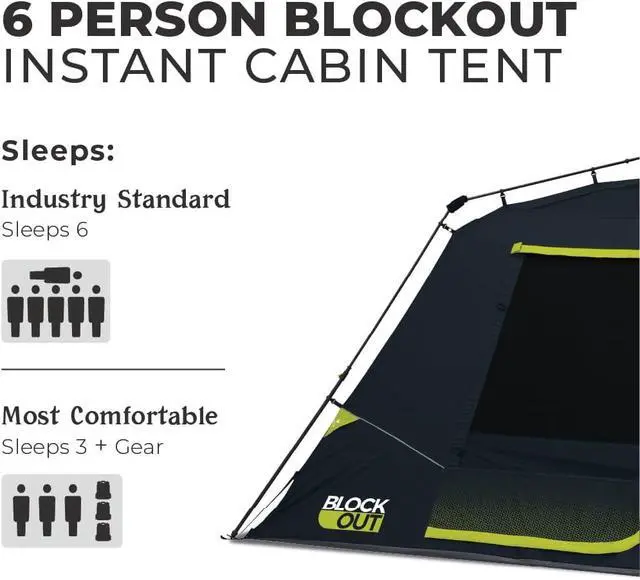 Alt view image 2 of 7 - CORE Blackout Instant Cabin Tent | Large Family Pop Up Dark Room Tent with Easy Camp Setup | Included Storage Pockets for Outdoor Camping Accessories
