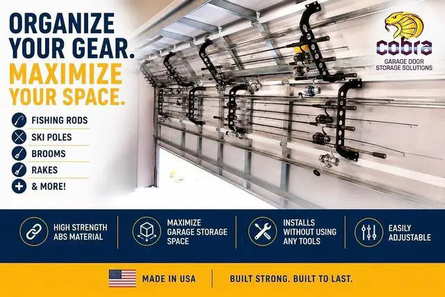Alt view image 2 of 7 - Cobra Storage Garage Door Storage Rack - 21" Black ABS Plastic Fishing Rod Holder - Ultimate Garage Organization for Fishing Gear and Equipment, Saltwater Fishing Gear (1 Pack)