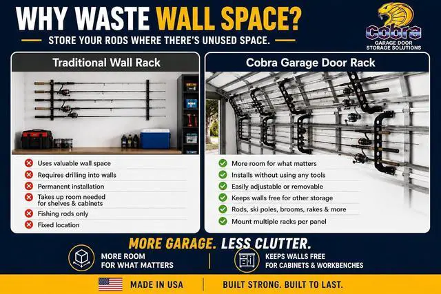 Alt view image 4 of 7 - Cobra Storage Garage Door Storage Rack - 21" Black ABS Plastic Fishing Rod Holder - Ultimate Garage Organization for Fishing Gear and Equipment, Saltwater Fishing Gear (1 Pack)