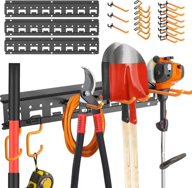 Main image of Garden Tool Organizer Wall Mount - Garage Storage and Organization Yard Tool Hanger with Adjustable Pegboard Hooks Shed Rack for Broom Mop Shovel Rake Trimmers, 48 inch Max 550lbs, Black