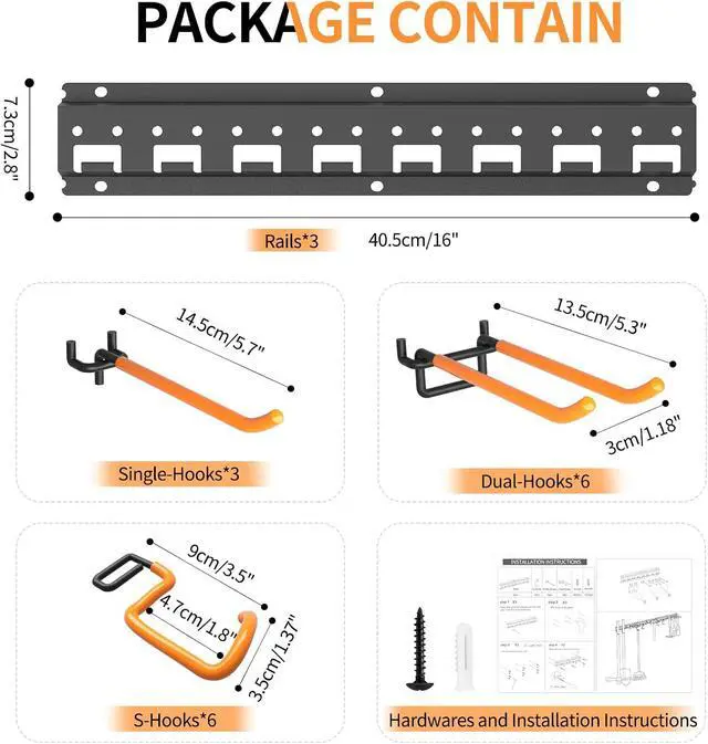 Alt view image 2 of 7 - Garden Tool Organizer Wall Mount - Garage Storage and Organization Yard Tool Hanger with Adjustable Pegboard Hooks Shed Rack for Broom Mop Shovel Rake Trimmers, 48 inch Max 550lbs, Black