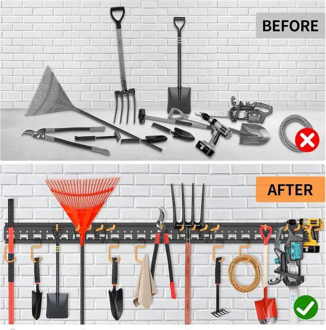 Alt view image 3 of 7 - Garden Tool Organizer Wall Mount - Garage Storage and Organization Yard Tool Hanger with Adjustable Pegboard Hooks Shed Rack for Broom Mop Shovel Rake Trimmers, 48 inch Max 550lbs, Black