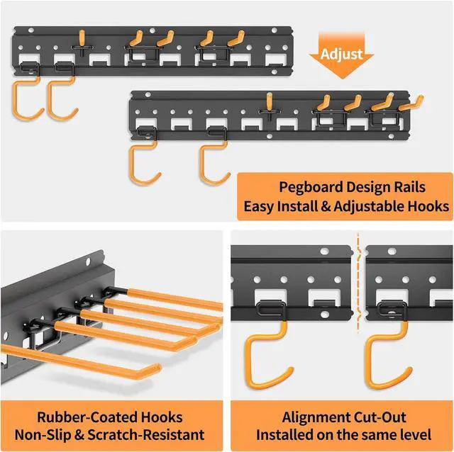 Alt view image 4 of 7 - Garden Tool Organizer Wall Mount - Garage Storage and Organization Yard Tool Hanger with Adjustable Pegboard Hooks Shed Rack for Broom Mop Shovel Rake Trimmers, 48 inch Max 550lbs, Black