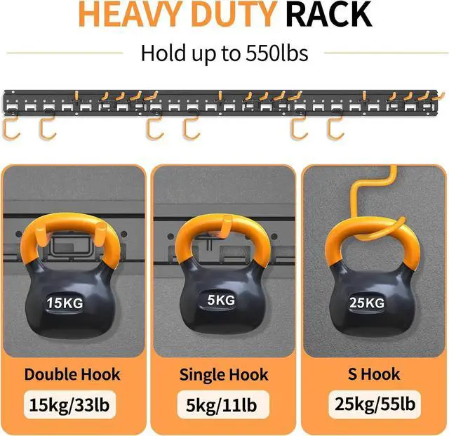 Alt view image 5 of 7 - Garden Tool Organizer Wall Mount - Garage Storage and Organization Yard Tool Hanger with Adjustable Pegboard Hooks Shed Rack for Broom Mop Shovel Rake Trimmers, 48 inch Max 550lbs, Black