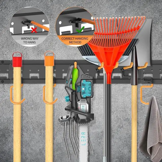 Alt view image 6 of 7 - Garden Tool Organizer Wall Mount - Garage Storage and Organization Yard Tool Hanger with Adjustable Pegboard Hooks Shed Rack for Broom Mop Shovel Rake Trimmers, 48 inch Max 550lbs, Black
