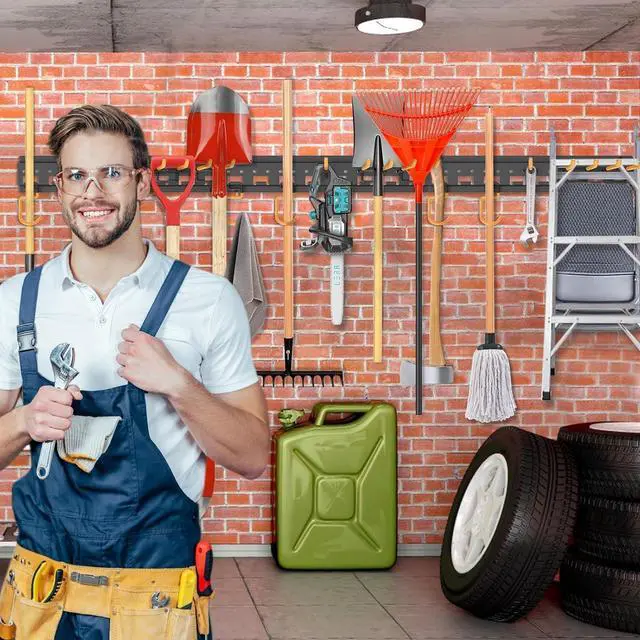Alt view image 7 of 7 - Garden Tool Organizer Wall Mount - Garage Storage and Organization Yard Tool Hanger with Adjustable Pegboard Hooks Shed Rack for Broom Mop Shovel Rake Trimmers, 48 inch Max 550lbs, Black