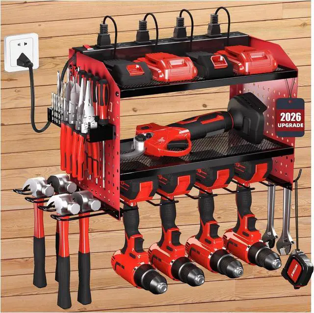 Main image of Power Tool Organizer with Charging Station, Heavy Duty Modular Wall Mount Rack for Garage & Shed Organization, 4 Drill Holders, Fathers Day Anniversary Birthday Gifts for Men Dad Him Husband(Red)