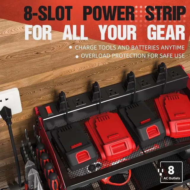 Alt view image 2 of 7 - Power Tool Organizer with Charging Station, Heavy Duty Modular Wall Mount Rack for Garage & Shed Organization, 4 Drill Holders, Fathers Day Anniversary Birthday Gifts for Men Dad Him Husband(Red)