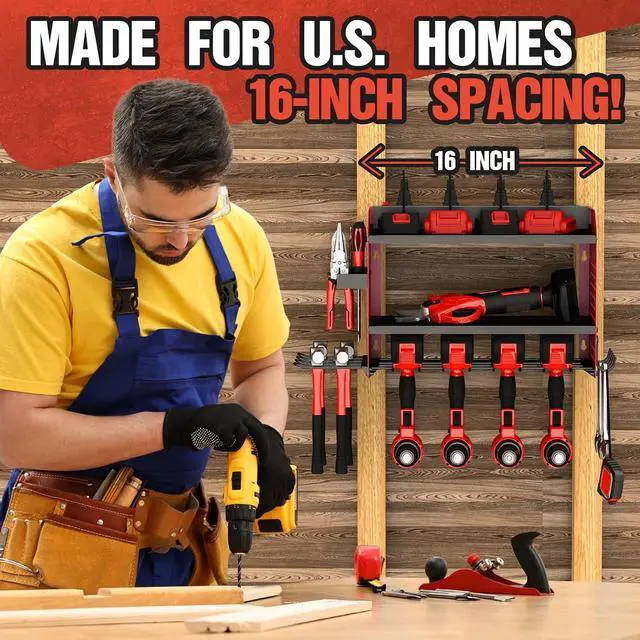 Alt view image 5 of 7 - Power Tool Organizer with Charging Station, Heavy Duty Modular Wall Mount Rack for Garage & Shed Organization, 4 Drill Holders, Fathers Day Anniversary Birthday Gifts for Men Dad Him Husband(Red)