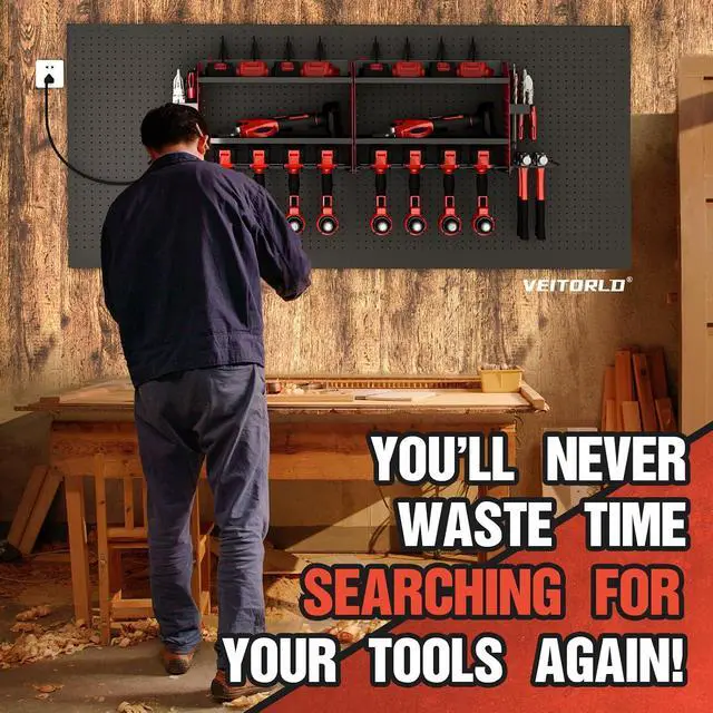 Alt view image 7 of 7 - Power Tool Organizer with Charging Station, Heavy Duty Modular Wall Mount Rack for Garage & Shed Organization, 4 Drill Holders, Fathers Day Anniversary Birthday Gifts for Men Dad Him Husband(Red)