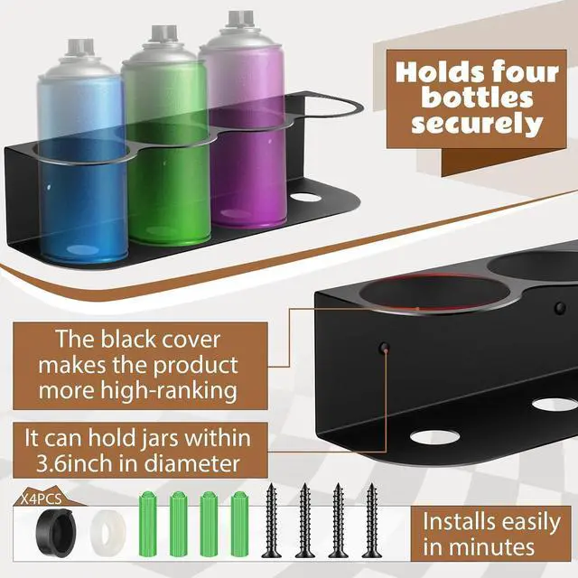 Alt view image 3 of 7 - Therwen 2 Pcs 4 Holes All Purpose Steel Spray Bottle Holder Heavy Duty Can Holder Rack Organizer Easy Install Wall Mount Paint Spray Bottle Organizer Storage Rack for Garage Home Workspace(Black)