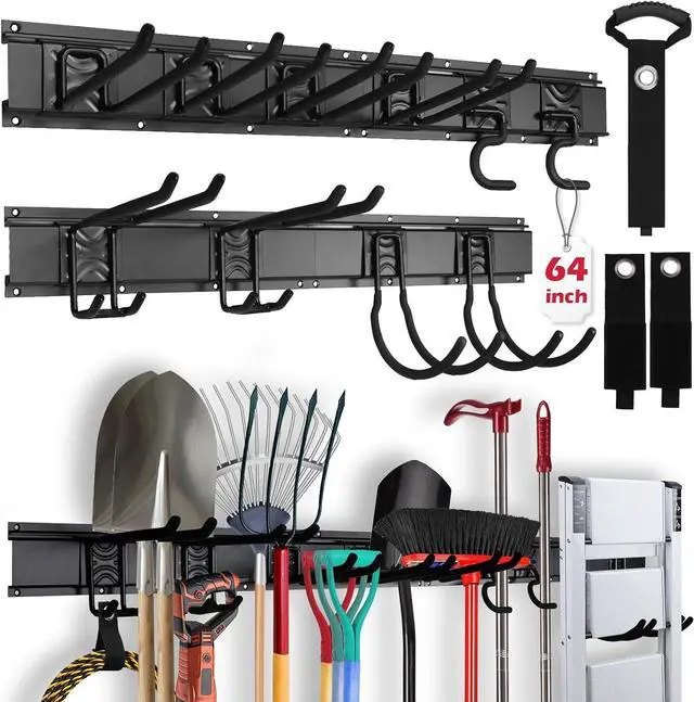 Main image of SEDY 64" Heavy Duty Garage Storage Tool Organizer Wall Mount - Tool Rack with Adjustable Hooks, Anti-Rust, 300lbs Capacity - Easy Installation (4 Racks, 10 Hooks, 3 Straps)