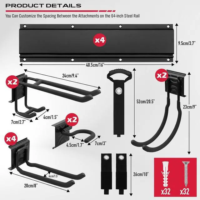 Alt view image 3 of 7 - SEDY 64" Heavy Duty Garage Storage Tool Organizer Wall Mount - Tool Rack with Adjustable Hooks, Anti-Rust, 300lbs Capacity - Easy Installation (4 Racks, 10 Hooks, 3 Straps)