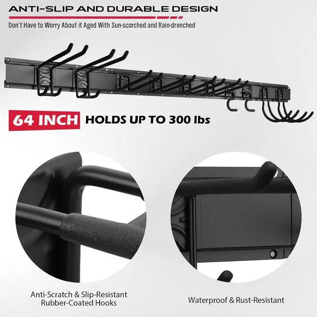 Alt view image 6 of 7 - SEDY 64" Heavy Duty Garage Storage Tool Organizer Wall Mount - Tool Rack with Adjustable Hooks, Anti-Rust, 300lbs Capacity - Easy Installation (4 Racks, 10 Hooks, 3 Straps)