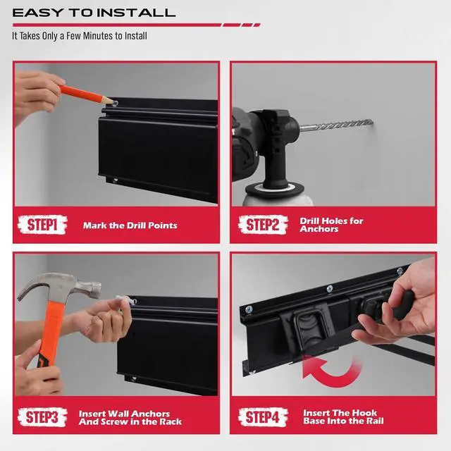 Alt view image 7 of 7 - SEDY 64" Heavy Duty Garage Storage Tool Organizer Wall Mount - Tool Rack with Adjustable Hooks, Anti-Rust, 300lbs Capacity - Easy Installation (4 Racks, 10 Hooks, 3 Straps)