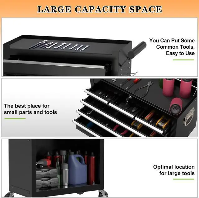 Alt view image 2 of 6 - 8-Drawer High Capacity Rolling Tool Chest, Removable Cabinet Storage Tool Box with Wheels and Drawers, Detachable Toolbox with Lock for Workshop Mechanics Garage (Black)